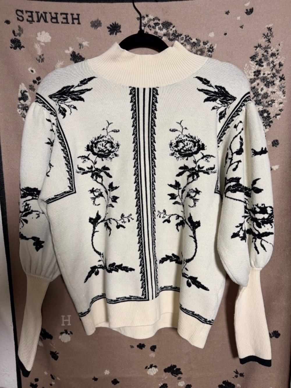 Talia Ivory Black Floral Jacquard Mock Neck Sweater NWT